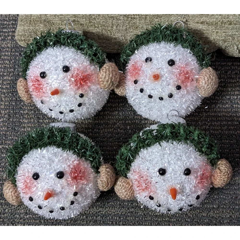 Snowman Head‎ Christmas Ornaments  Set Of 4 Fuzzy Glitter G&B Holiday Decor